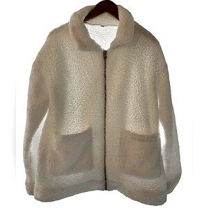 Faux Sherpa White Teddy Zip Jacket Collar Pockets Drop Shoulder Winter, Size L